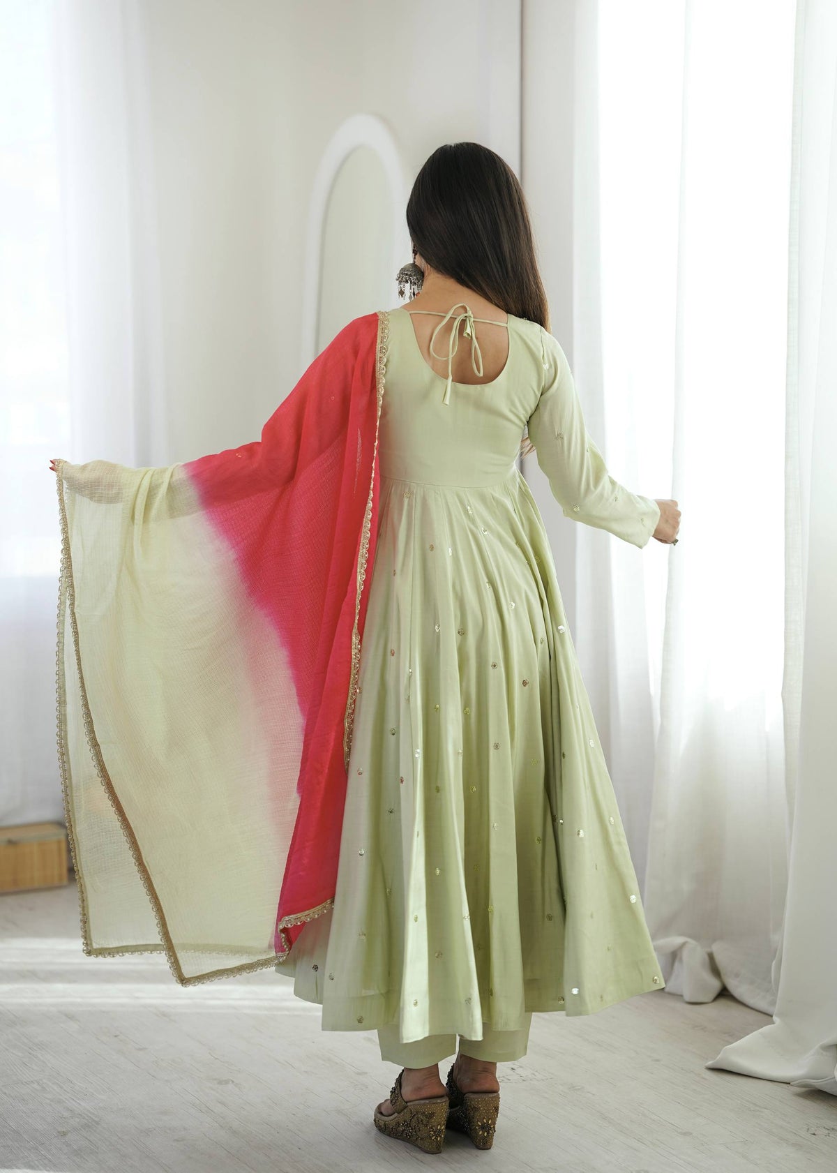Sage Green Mirror Work Flared Anarkali Kurta with Pants & Dupatta