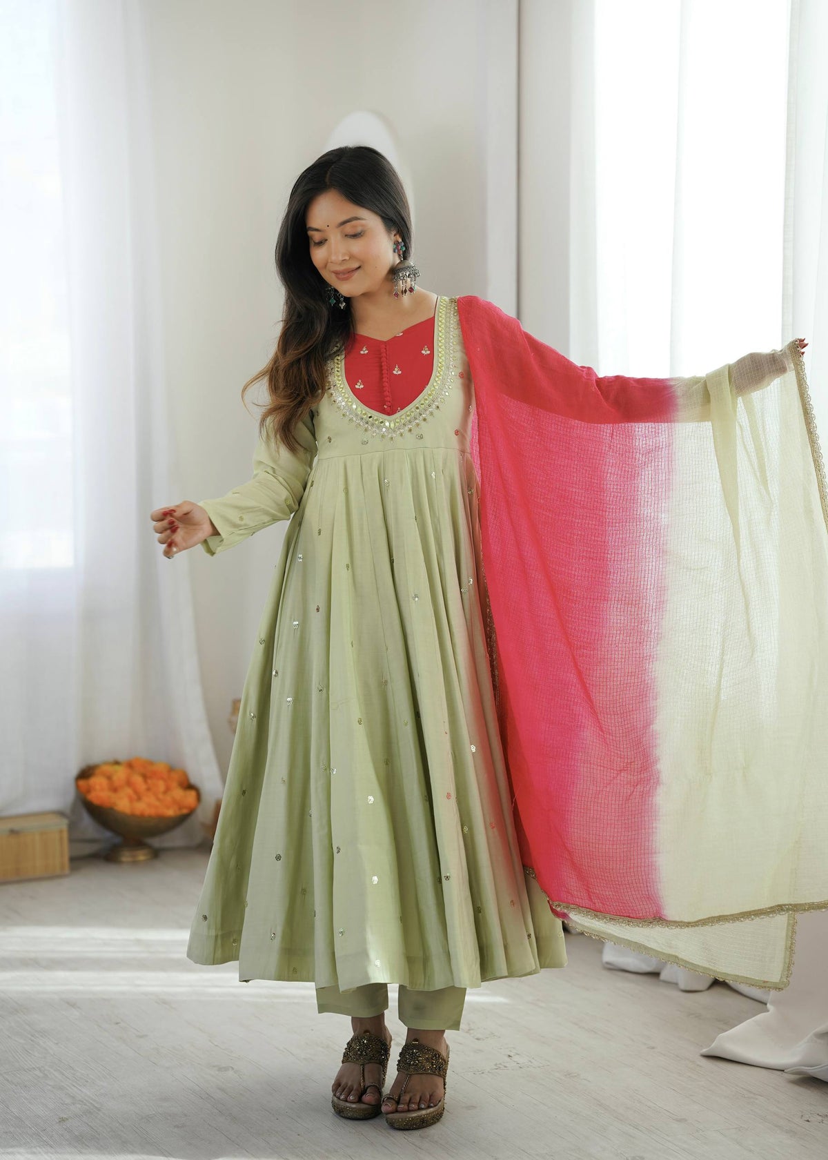 Sage Green Mirror Work Flared Anarkali Kurta with Pants & Dupatta