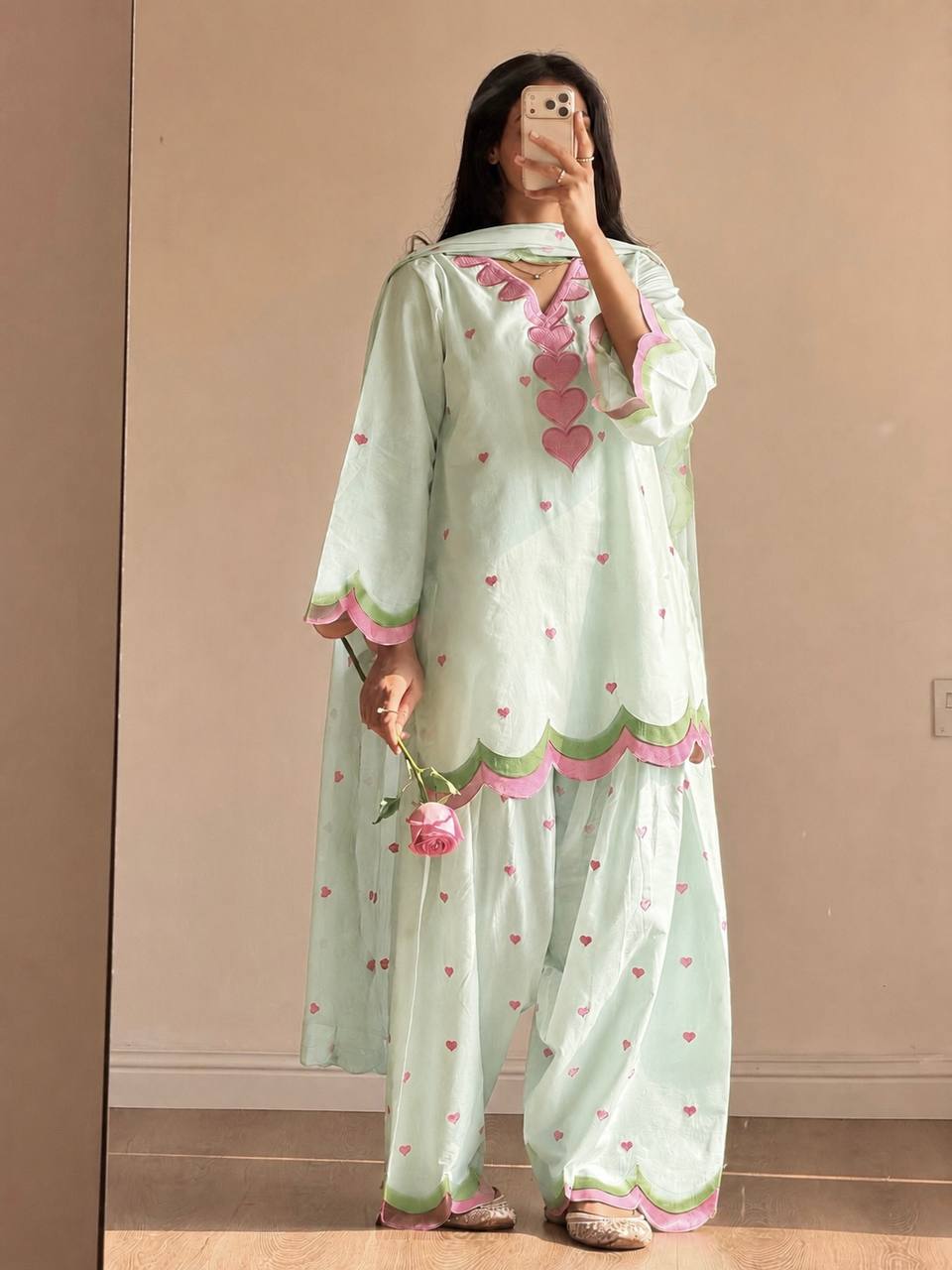 Pistachio Green and Pink Ethnic Farshi Shalwar Kameez Set