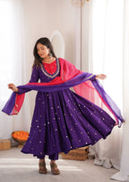 Purple Embroidered Roman Silk Anarkali Suit Set with Dupatta
