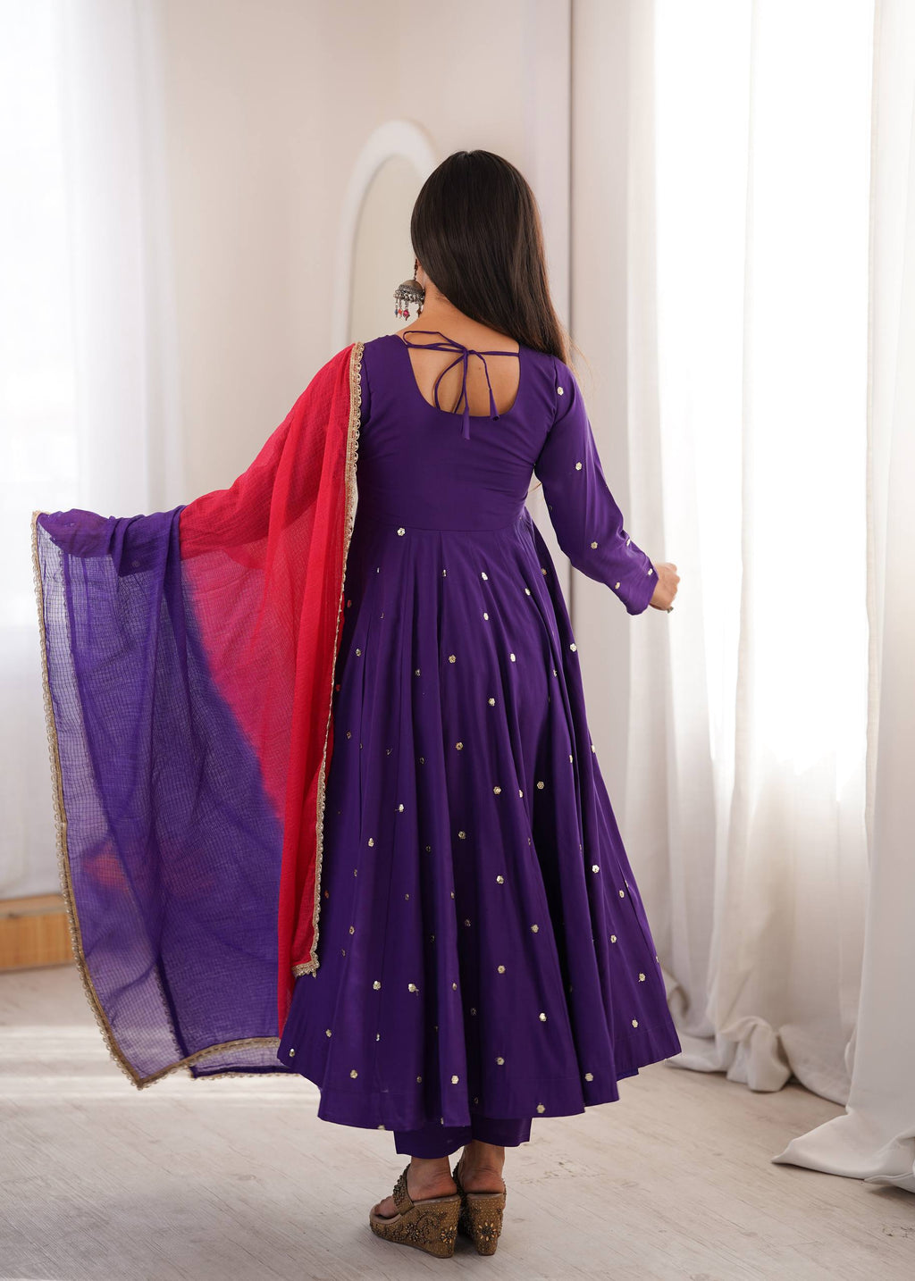 Purple Embroidered Roman Silk Anarkali Suit Set with Dupatta