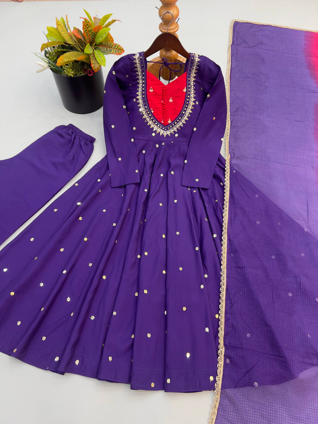 Purple Embroidered Roman Silk Anarkali Suit Set with Dupatta