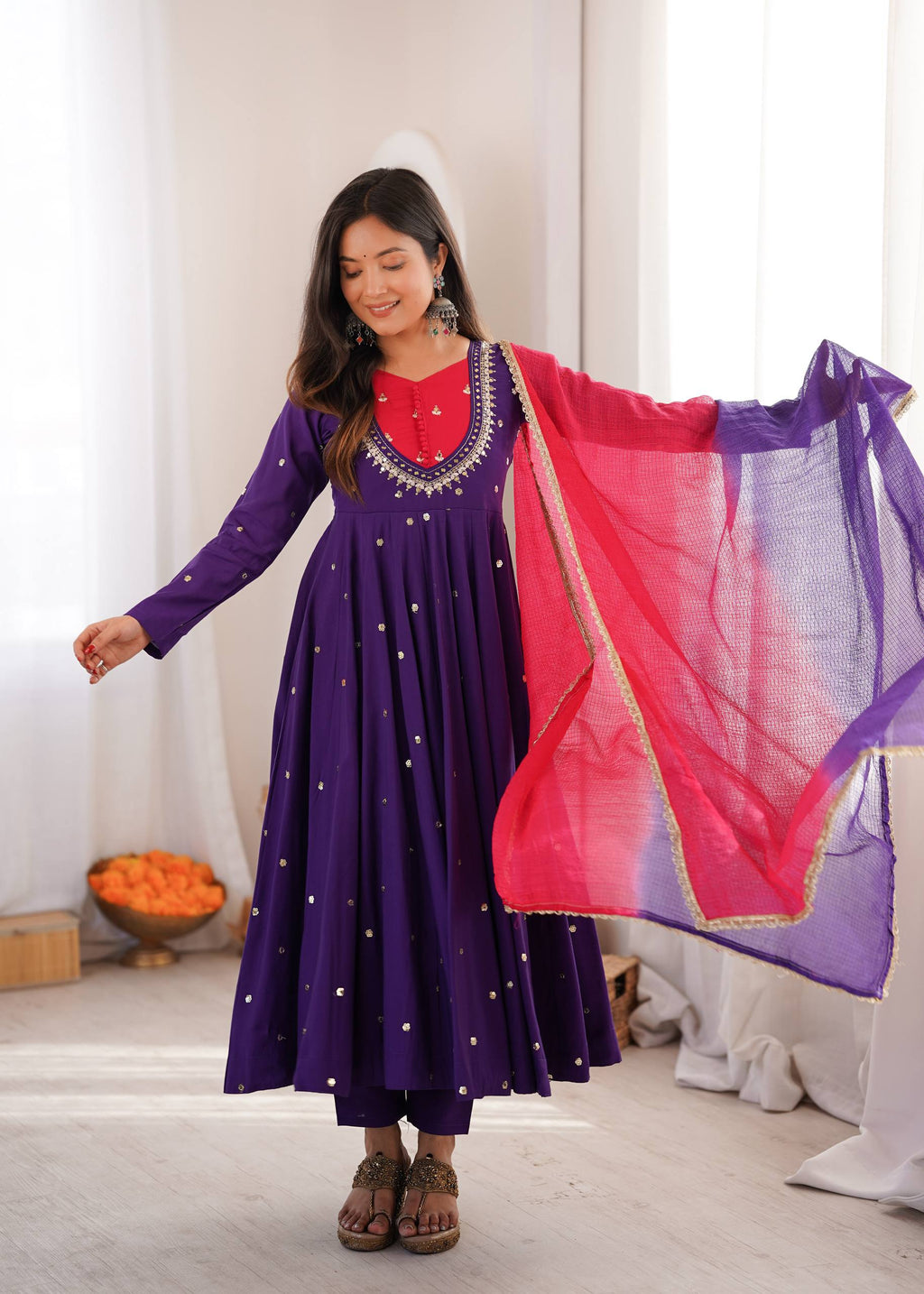 Purple Embroidered Roman Silk Anarkali Suit Set with Dupatta