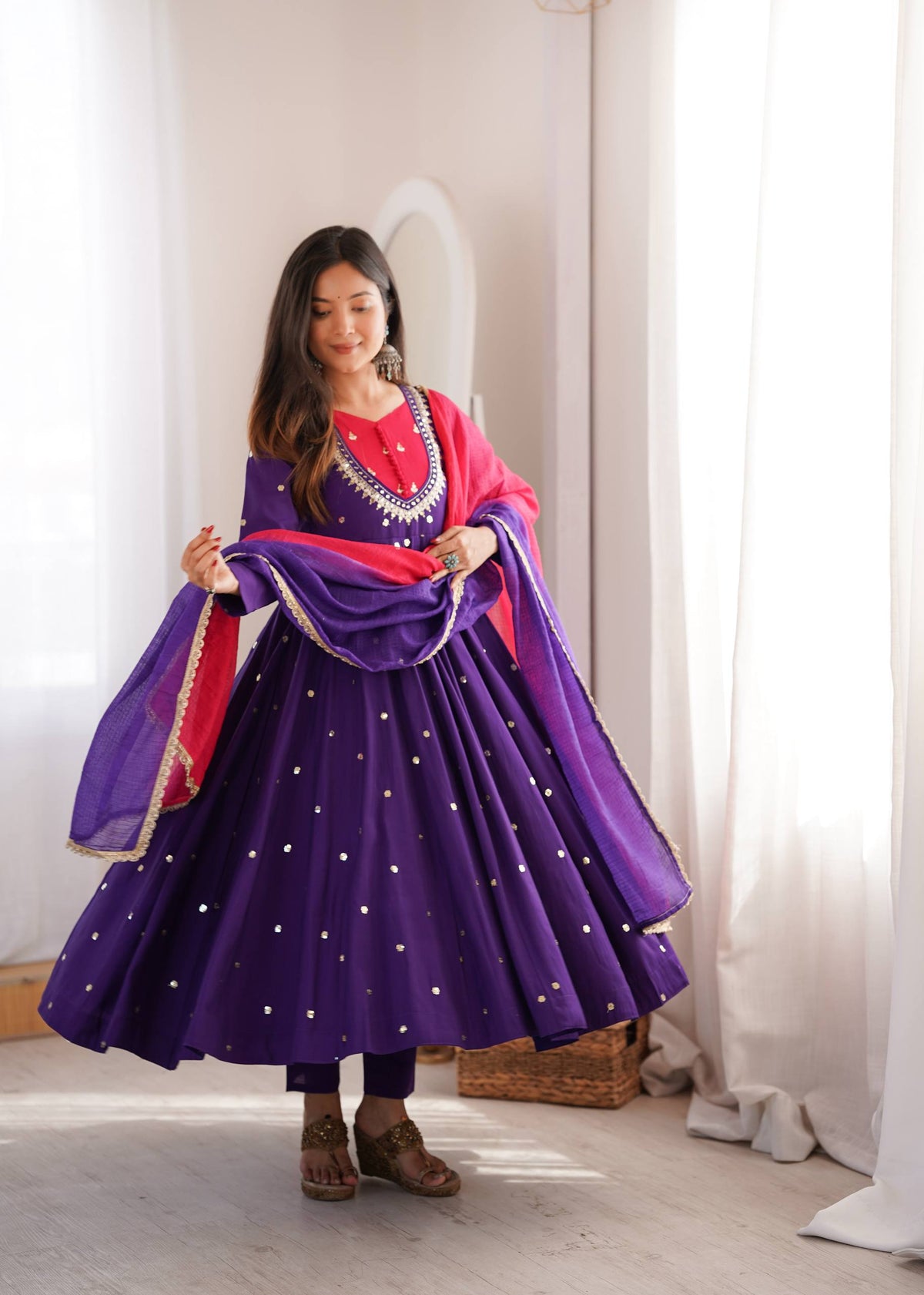 Purple Embroidered Roman Silk Anarkali Suit Set with Dupatta
