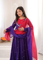 Purple Embroidered Roman Silk Anarkali Suit Set with Dupatta