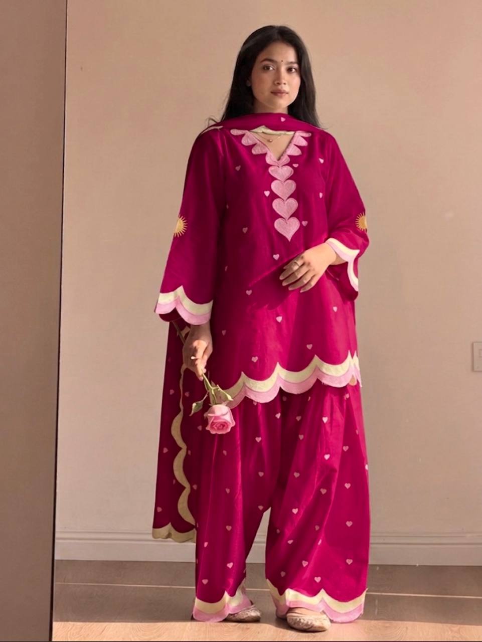 Rani Pink Heart Embroidered Salwar Kameez Set with Scalloped Border