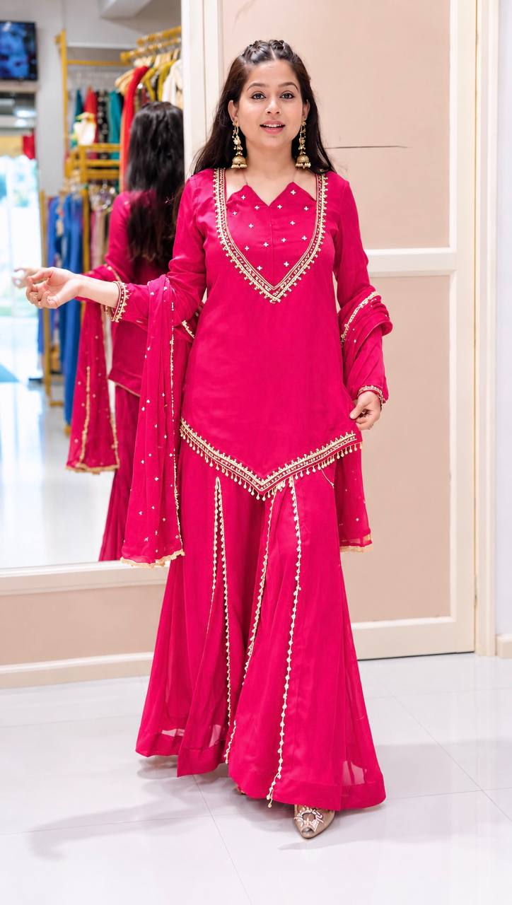 Rani Pink Elegance Mirror Work Sharara Set