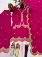 Rani Pink Heart Embroidered Salwar Kameez Set with Scalloped Border