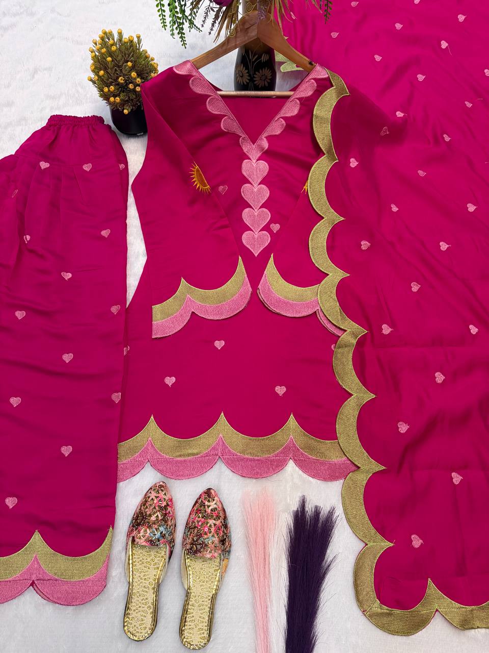 Rani Pink Heart Embroidered Salwar Kameez Set with Scalloped Border