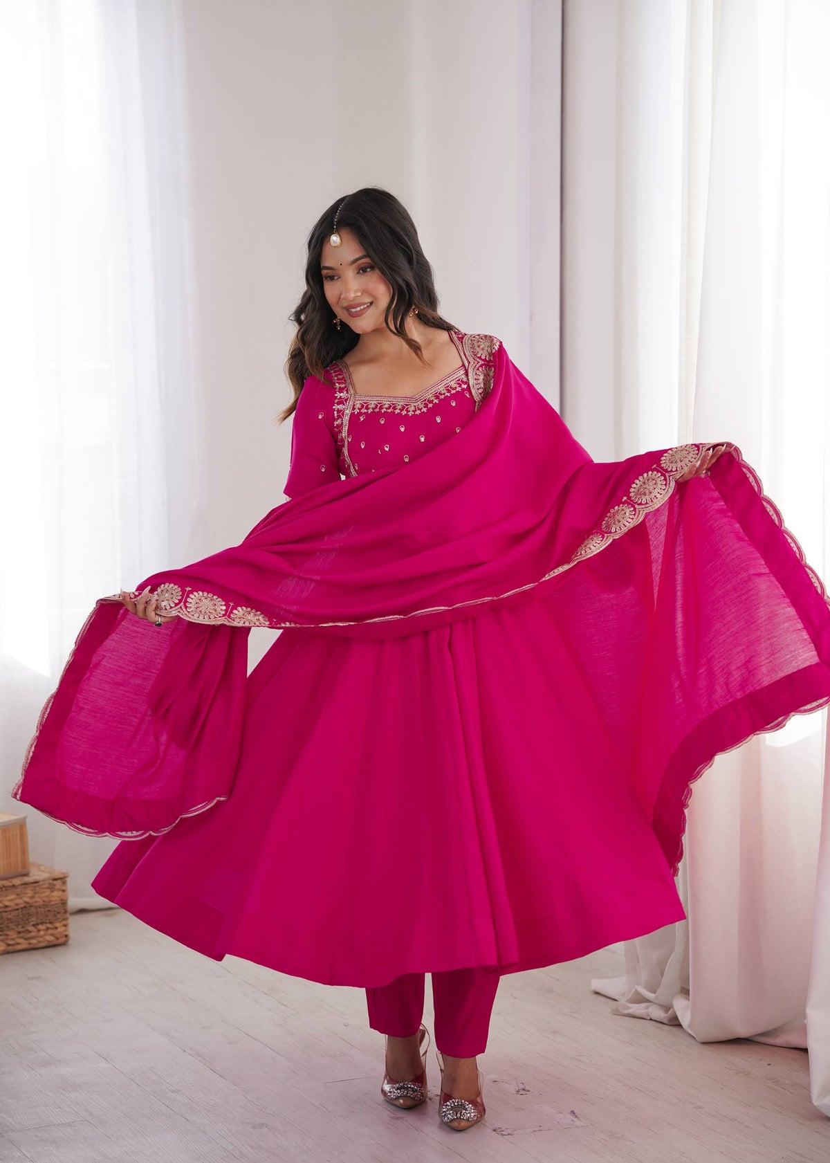 Women's Rani Pink Roman Silk Anarkali Suit Set with Embroidered Yoke and Scalloped Lace Dupatta