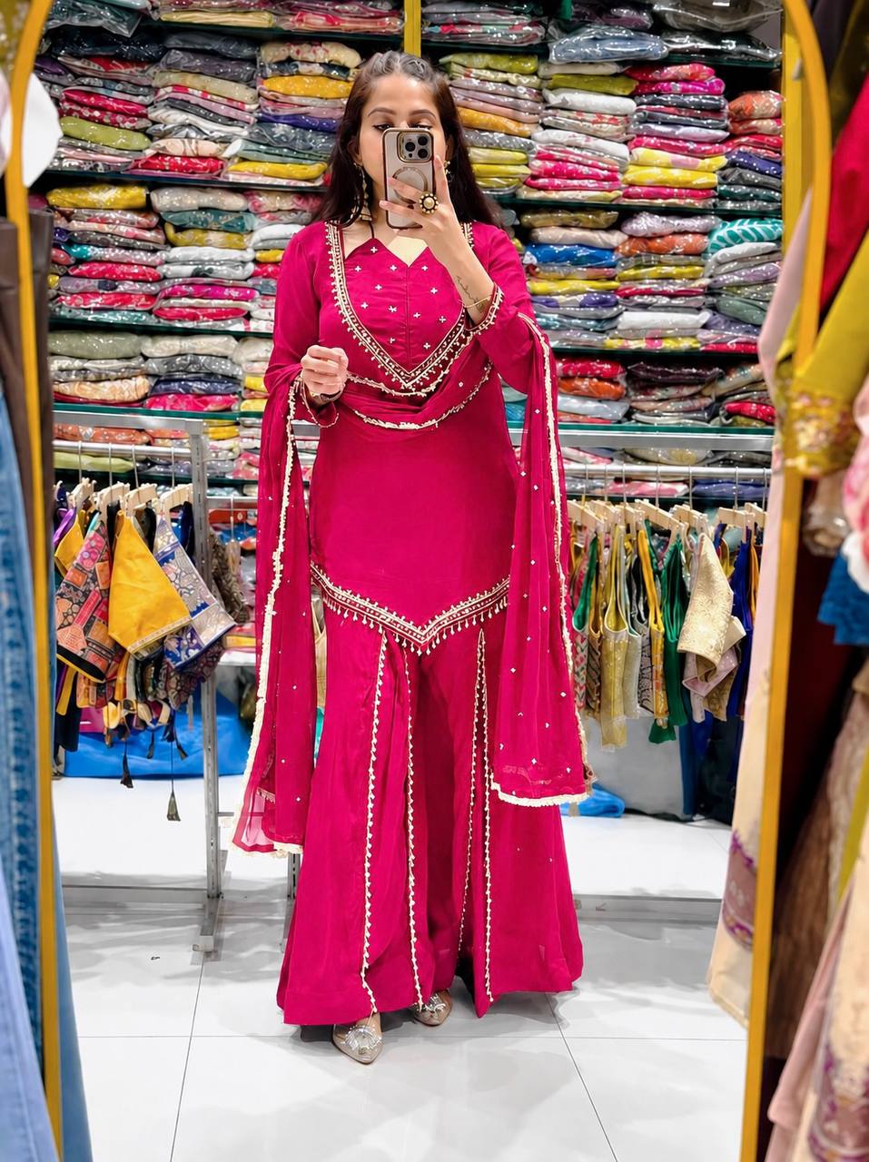 Rani Pink Elegance Mirror Work Sharara Set