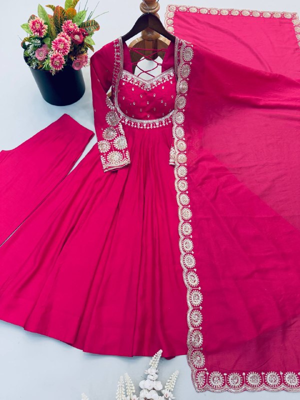 Women's Rani Pink Roman Silk Anarkali Suit Set with Embroidered Yoke and Scalloped Lace Dupatta
