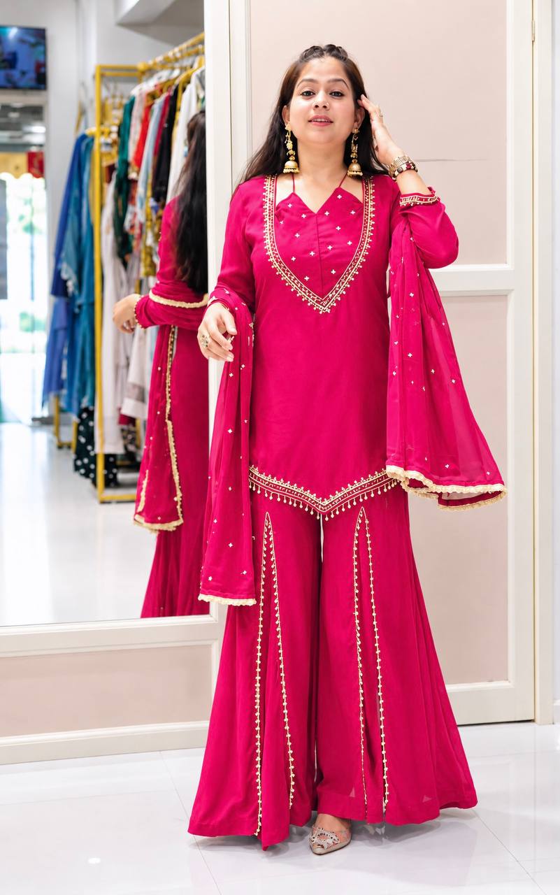 Rani Pink Elegance Mirror Work Sharara Set