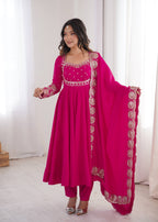 Women's Rani Pink Roman Silk Anarkali Suit Set with Embroidered Yoke and Scalloped Lace Dupatta