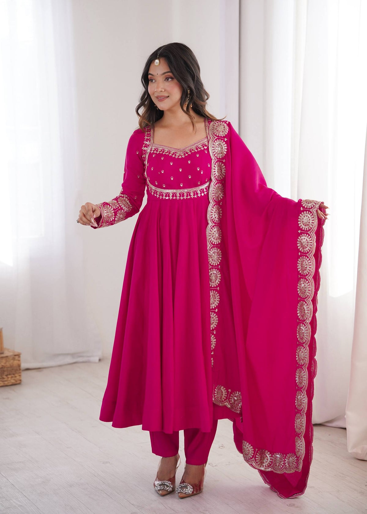 Women's Rani Pink Roman Silk Anarkali Suit Set with Embroidered Yoke and Scalloped Lace Dupatta