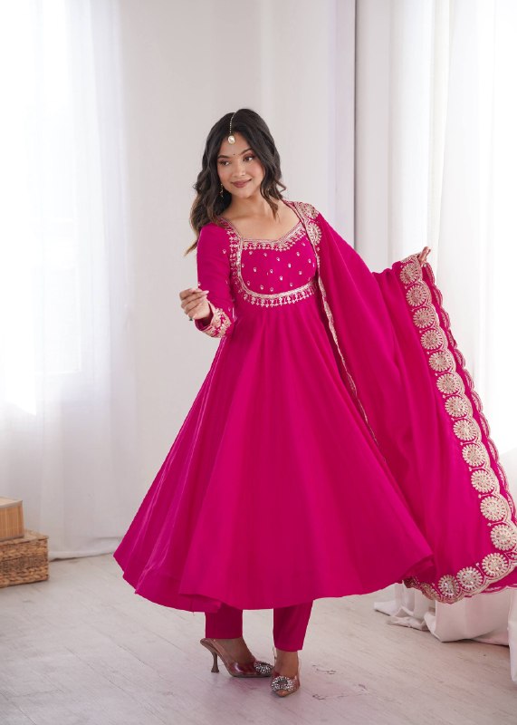 Women's Rani Pink Roman Silk Anarkali Suit Set with Embroidered Yoke and Scalloped Lace Dupatta
