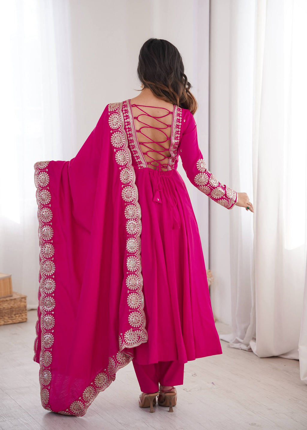 Women's Rani Pink Roman Silk Anarkali Suit Set with Embroidered Yoke and Scalloped Lace Dupatta