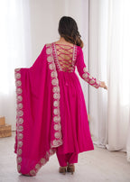 Women's Rani Pink Roman Silk Anarkali Suit Set with Embroidered Yoke and Scalloped Lace Dupatta