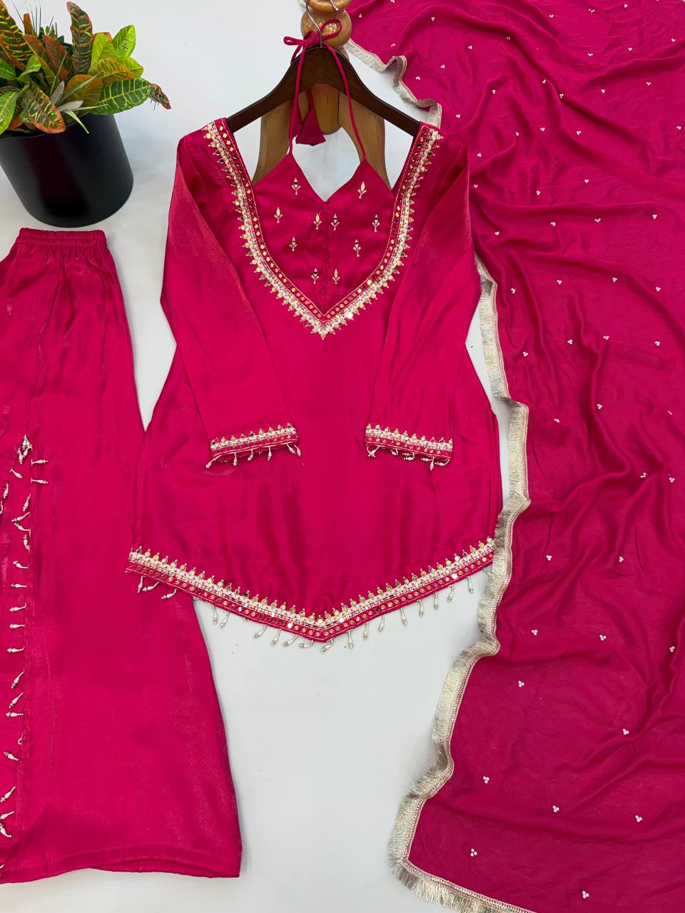 Rani Pink Elegance Mirror Work Sharara Set