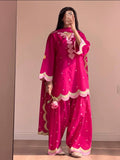 Rani Pink Heart Embroidered Salwar Kameez Set with Scalloped Border