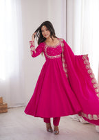 Women's Rani Pink Roman Silk Anarkali Suit Set with Embroidered Yoke and Scalloped Lace Dupatta