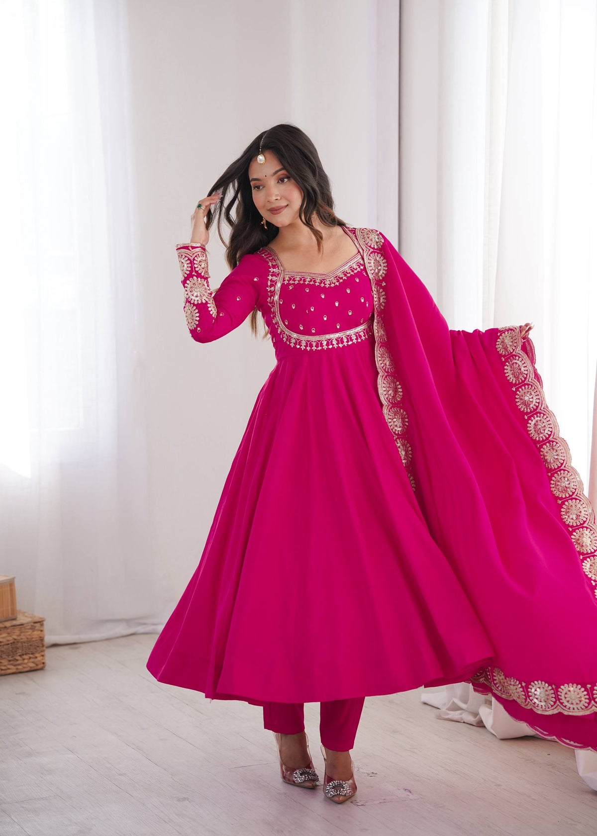 Women's Rani Pink Roman Silk Anarkali Suit Set with Embroidered Yoke and Scalloped Lace Dupatta