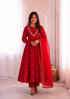 Ruby Red Handwork Roman Silk Anarkali Suit Set