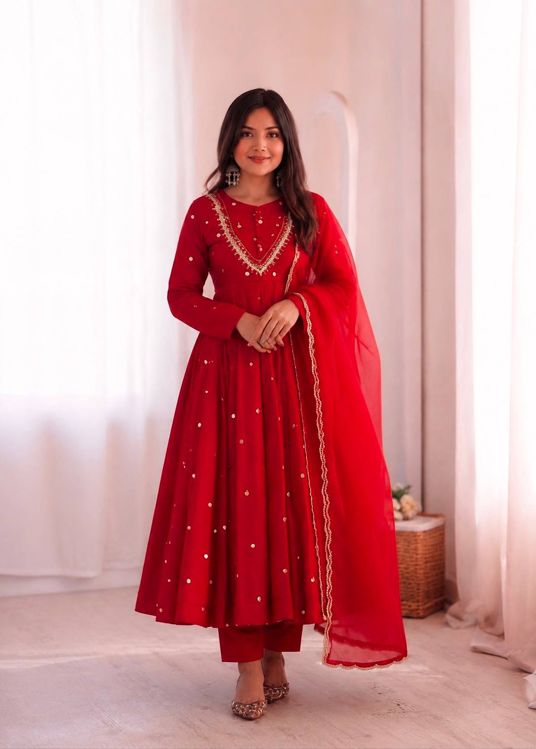 Ruby Red Handwork Roman Silk Anarkali Suit Set