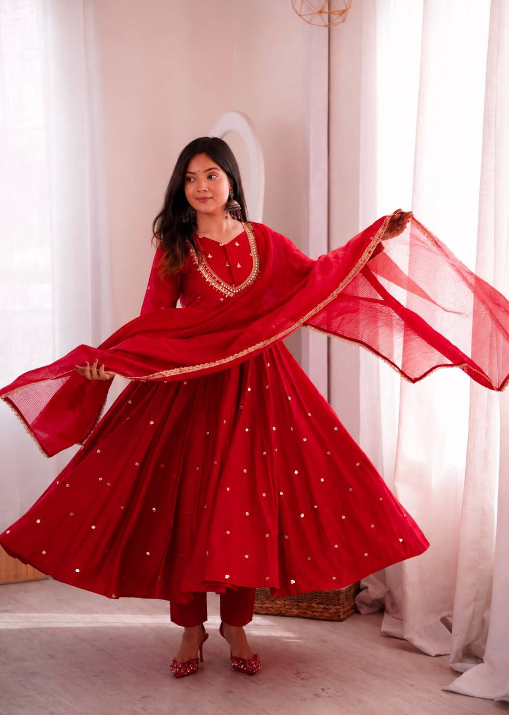 Ruby Red Handwork Roman Silk Anarkali Suit Set