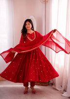 Ruby Red Handwork Roman Silk Anarkali Suit Set