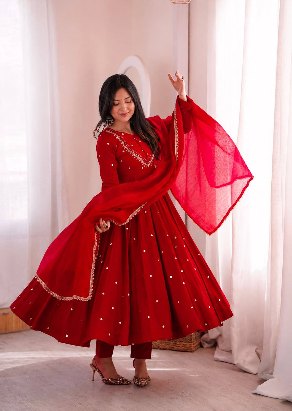 Ruby Red Handwork Roman Silk Anarkali Suit Set