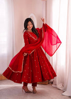 Ruby Red Handwork Roman Silk Anarkali Suit Set