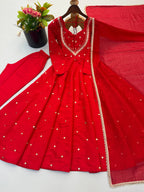 Ruby Red Handwork Roman Silk Anarkali Suit Set