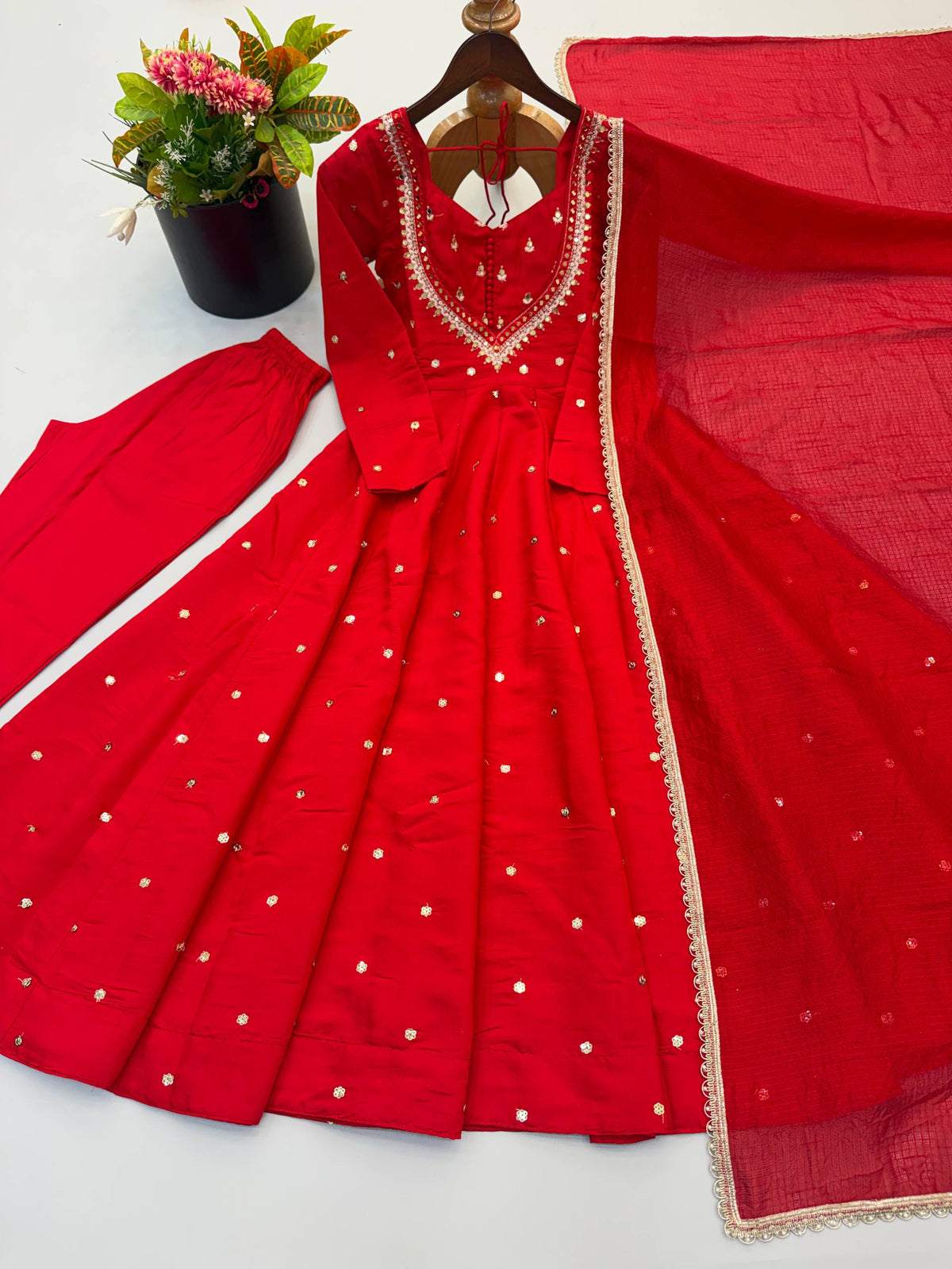 Ruby Red Handwork Roman Silk Anarkali Suit Set