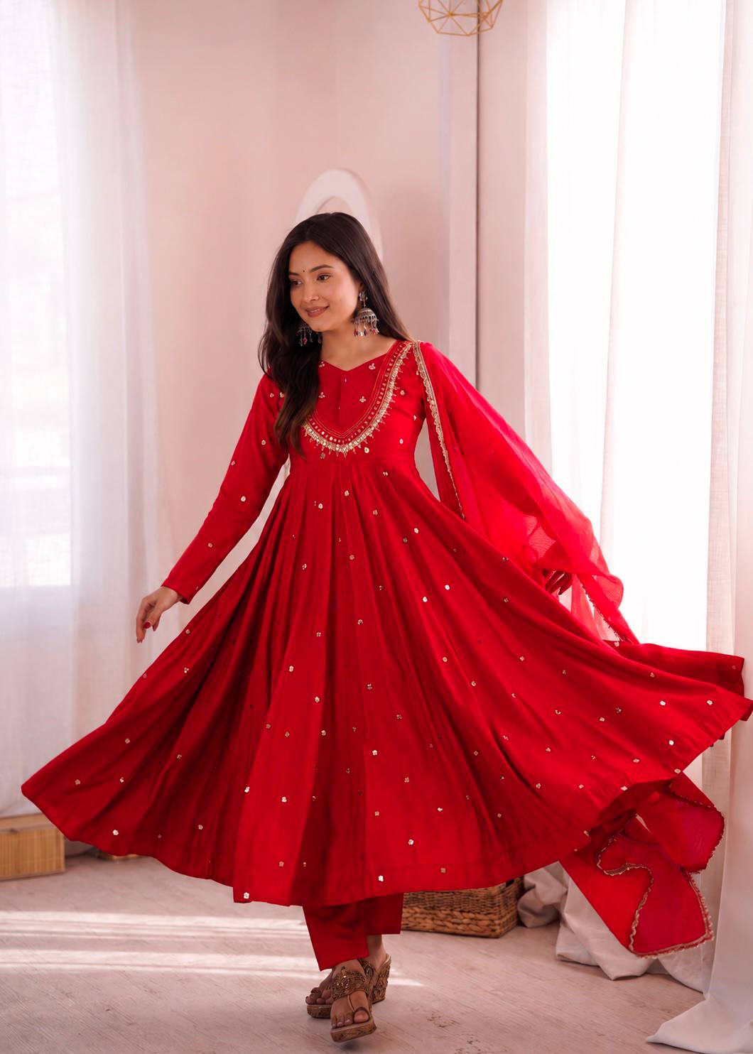 Ruby Red Handwork Roman Silk Anarkali Suit Set