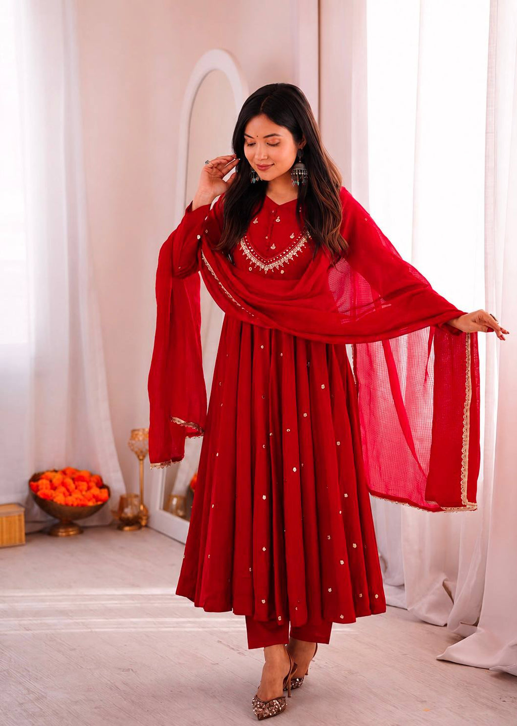 Ruby Red Handwork Roman Silk Anarkali Suit Set