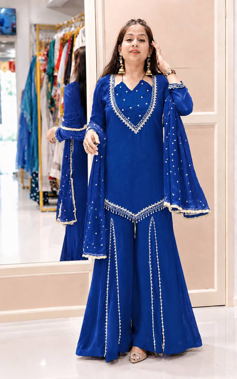 Royal Blue Roman Glass Sharara Suit Set with Real Mirror Work & Dupatta