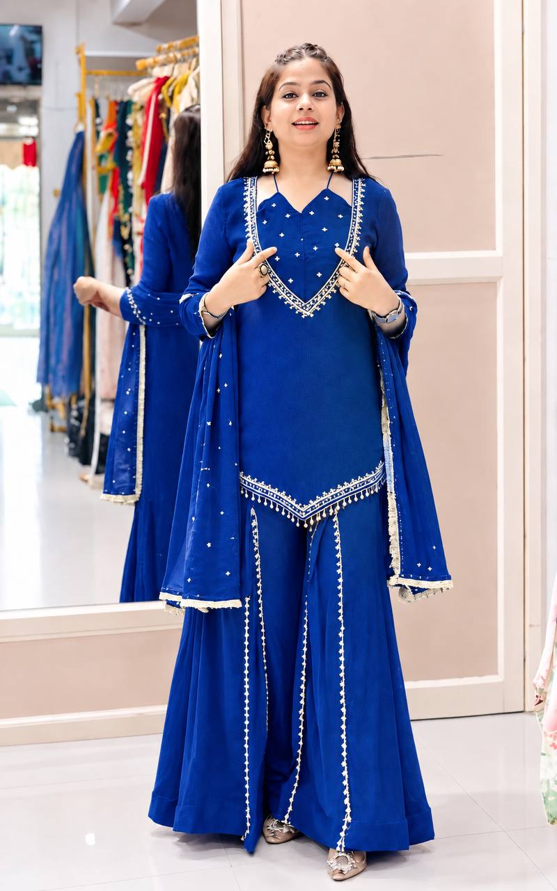 Royal Blue Roman Glass Sharara Suit Set with Real Mirror Work & Dupatta