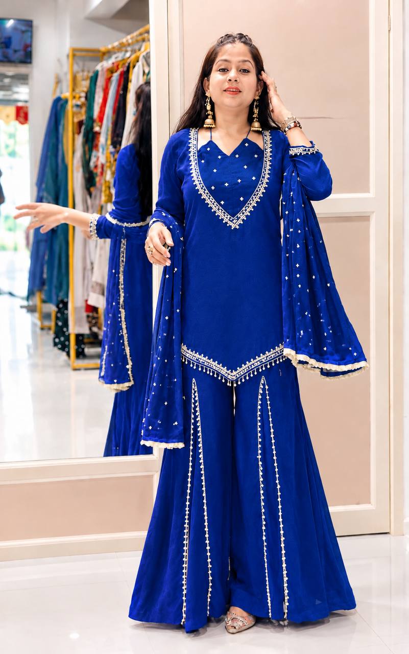 Royal Blue Roman Glass Sharara Suit Set with Real Mirror Work & Dupatta