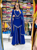 Royal Blue Roman Glass Sharara Suit Set with Real Mirror Work & Dupatta