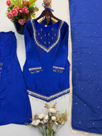 Royal Blue Roman Glass Sharara Suit Set with Real Mirror Work & Dupatta