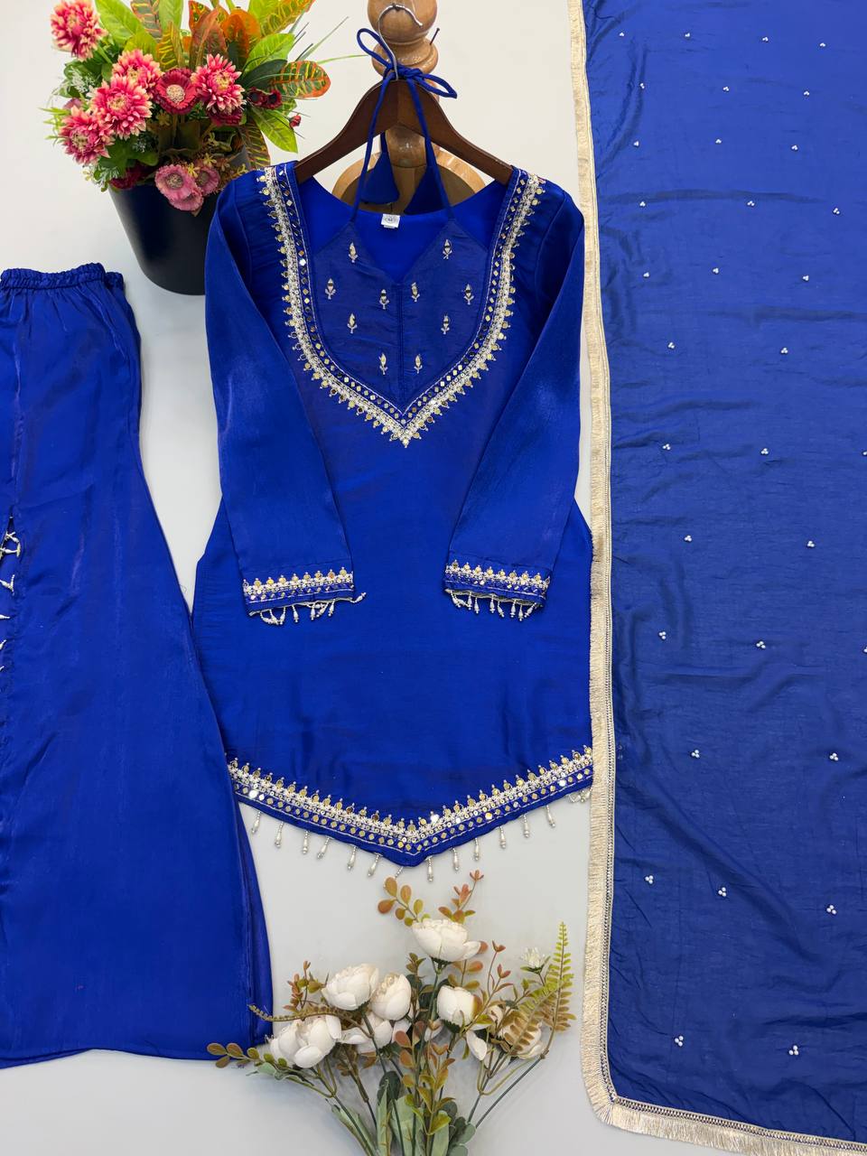 Royal Blue Roman Glass Sharara Suit Set with Real Mirror Work & Dupatta