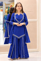 Royal Blue Roman Glass Sharara Suit Set with Real Mirror Work & Dupatta