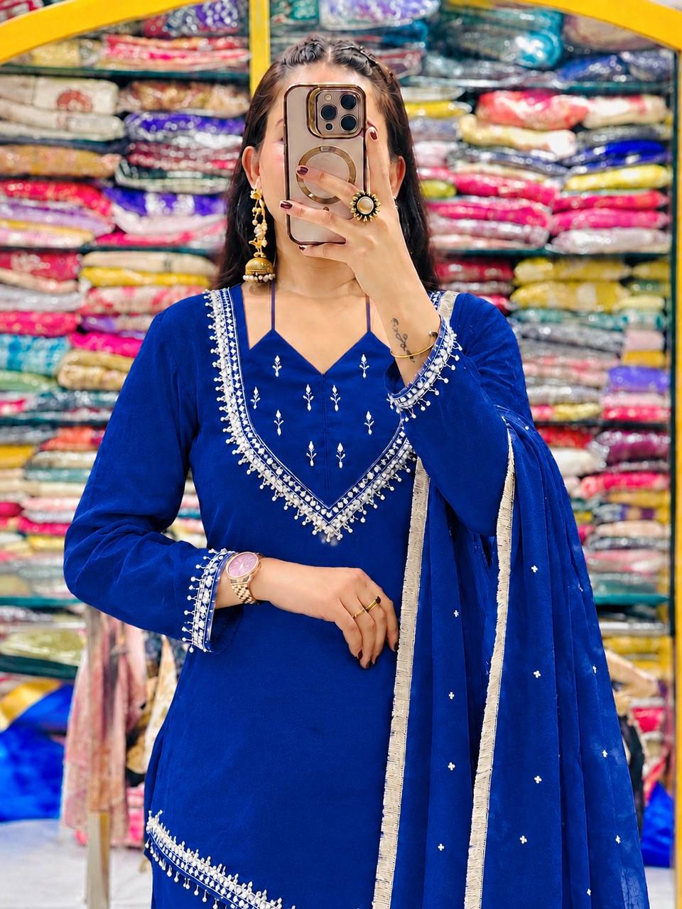 Royal Blue Roman Glass Sharara Suit Set with Real Mirror Work & Dupatta