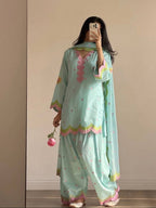 Pastel Aqua Cotton Farshi Salwar Kameez with Heart Motif Embroidery