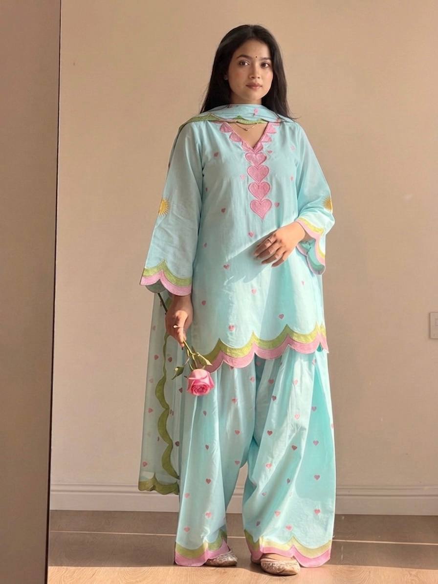 Pastel Aqua Cotton Farshi Salwar Kameez with Heart Motif Embroidery