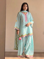 Pastel Aqua Cotton Farshi Salwar Kameez with Heart Motif Embroidery