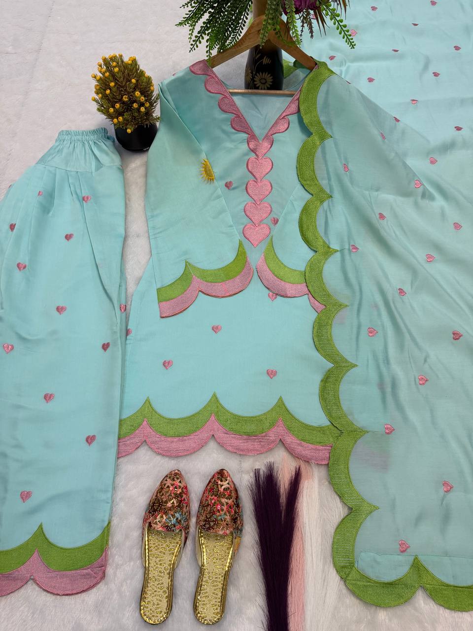 Pastel Aqua Cotton Farshi Salwar Kameez with Heart Motif Embroidery