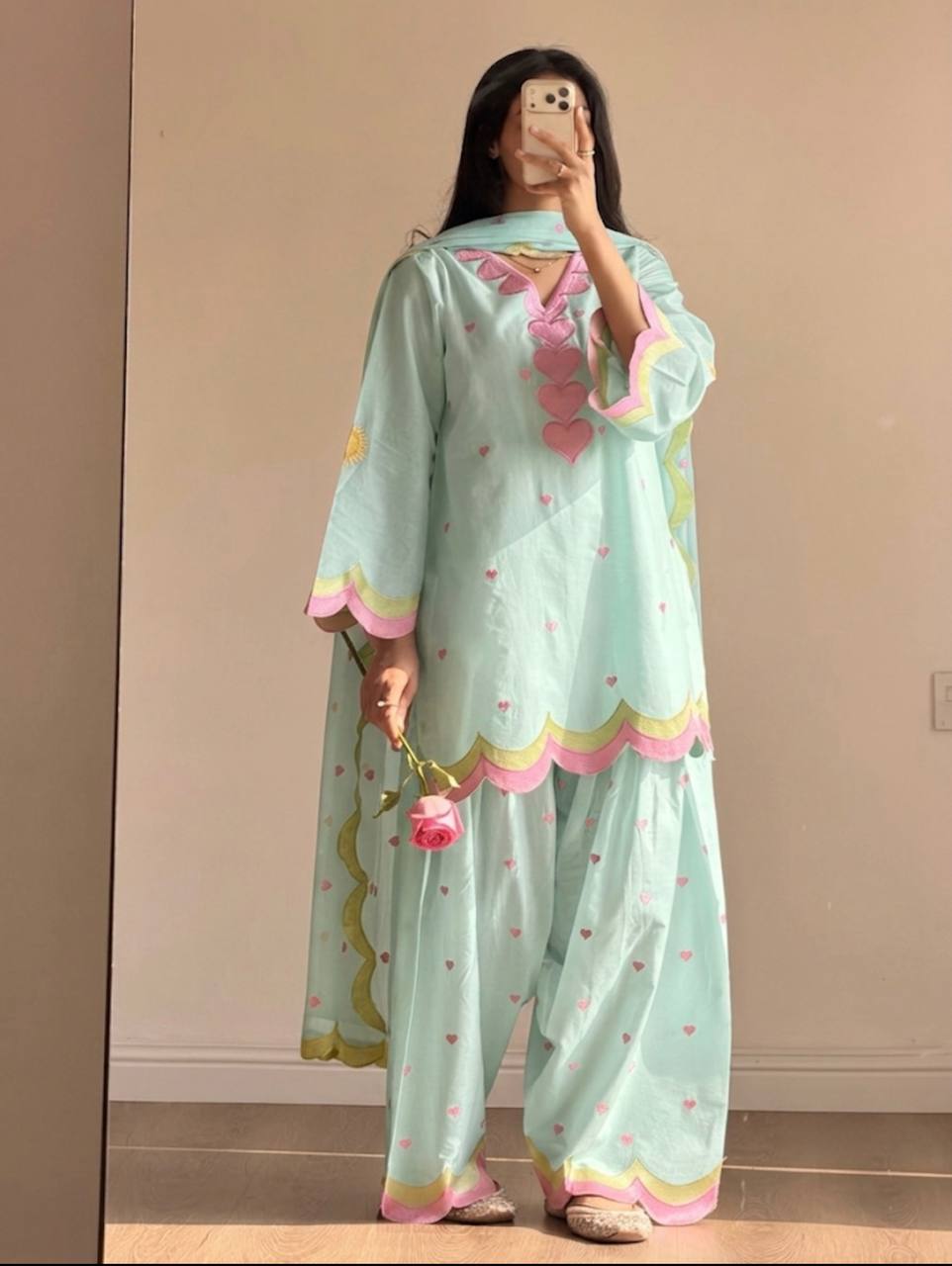 Pastel Aqua Cotton Farshi Salwar Kameez with Heart Motif Embroidery