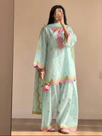 Pastel Aqua Cotton Farshi Salwar Kameez with Heart Motif Embroidery